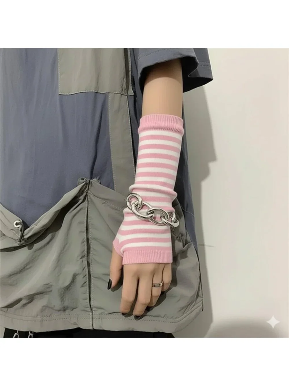 Women's Pink and white Striped Arm Warmers  Y2K Gothic Cosplay Fingerless Glove